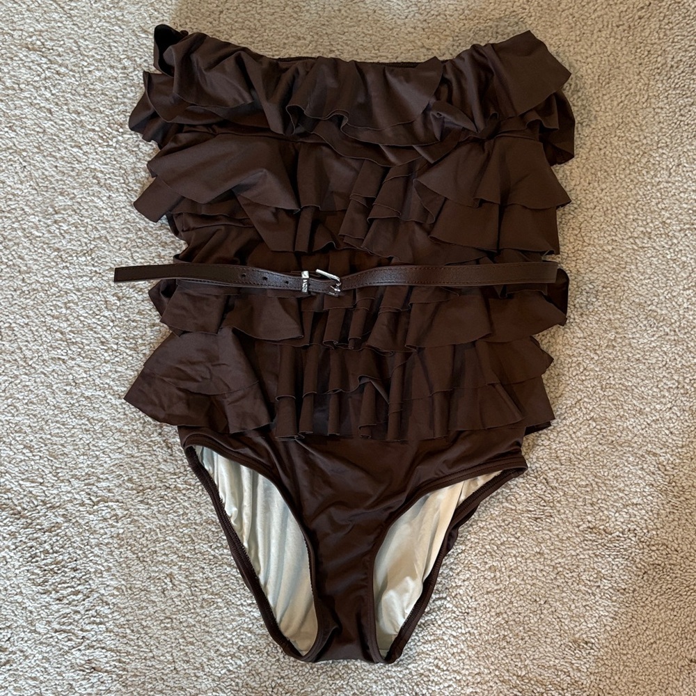 Michael Kors Brown Ruffled One-Piece Swimsuit